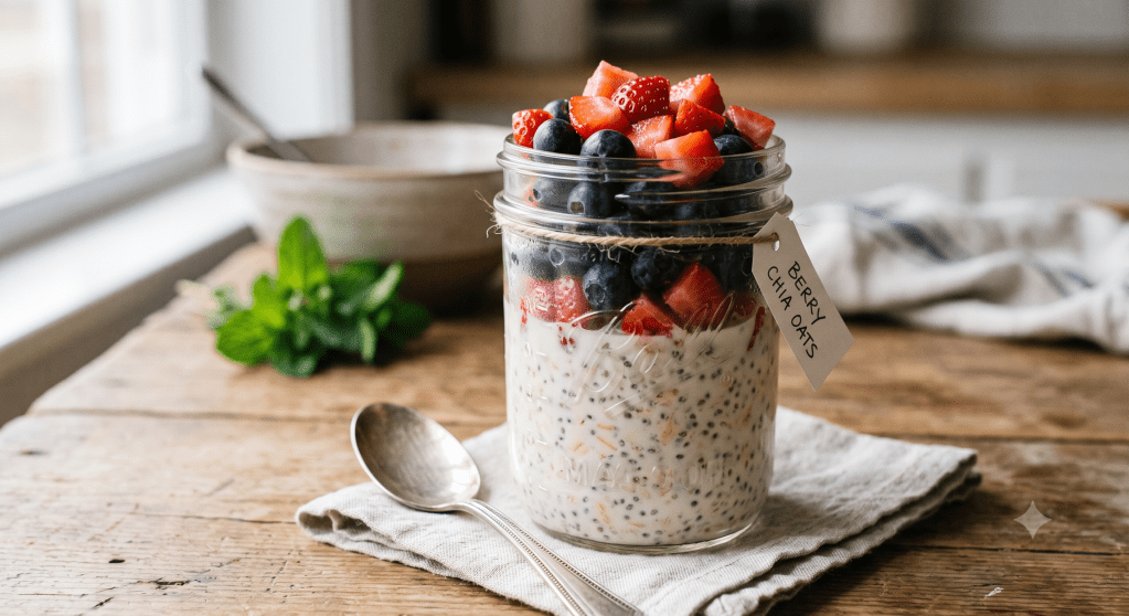 A clear glass mason jar filled with creamy overnight chia oats, topped with a vibrant layer of fresh whole blueberries and finely chopped strawberries. The jar sits on a rustic wooden table next to a silver spoon on a linen napkin, with a soft-focus kitchen window in the background.